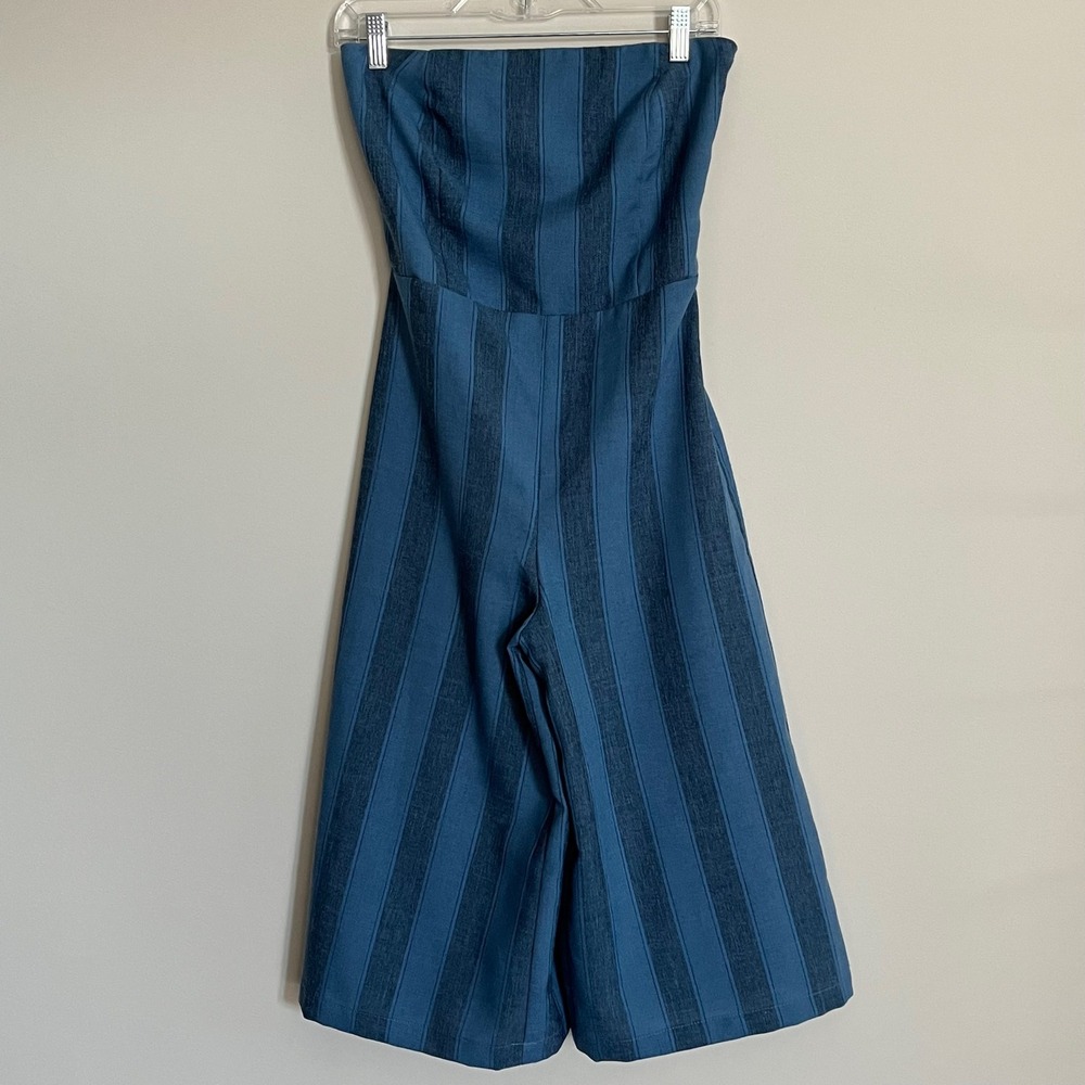 Lumiere Womens Blue Striped Strapless Wide Leg Cropped Jumpsuit Small